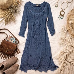 Amanda’s Collection Blue Embroidered Boho Midi Dress S Indie Mod